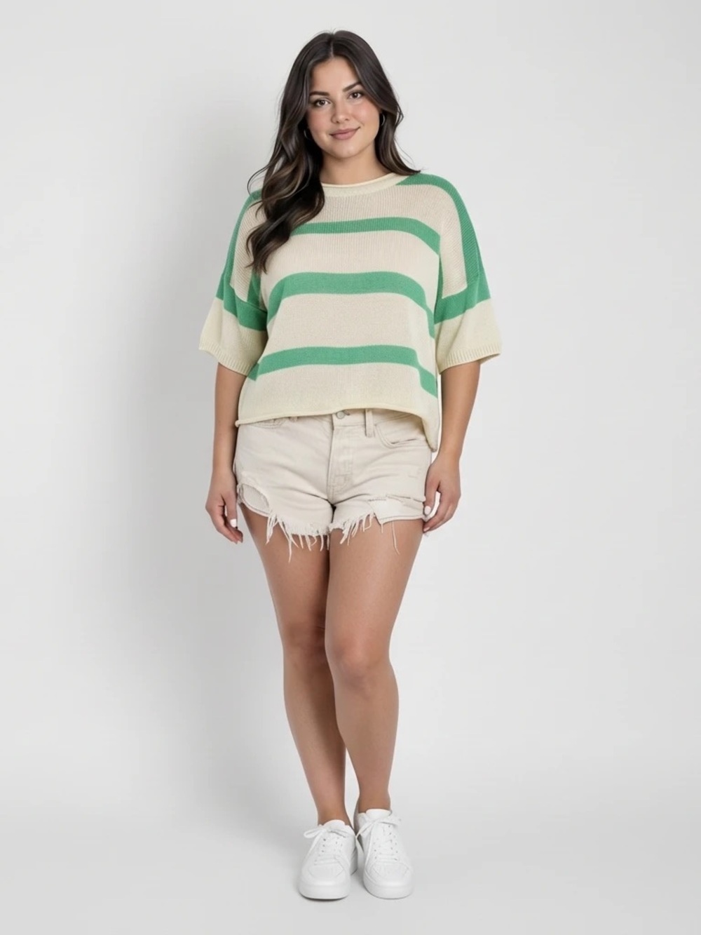 BiBi Green Cream Striped Lightweight Relaxed Fit Short Sleeve Sweater Womens Med
